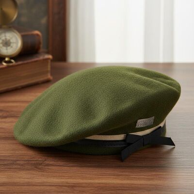 Classic Green Beret Hat with Cotton Lining Elastic Closure and Mercerized Velvet Fabric for Comfort and Durability