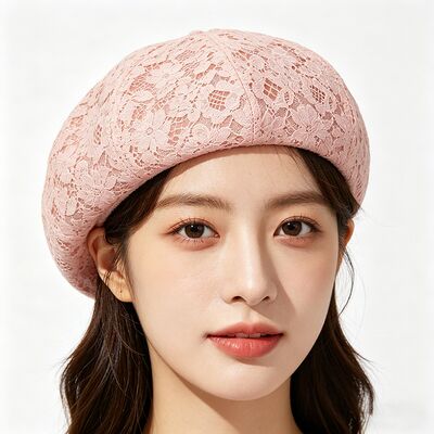 Boina de encaje rosa vintage con estampado floral, boina transpirable con elegante sombrero diario y de fiesta