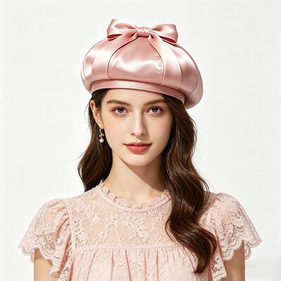Elegante sombrero rosa de boina de satén con tela de 150 gramos de peso ligero y tamaño personalizado para uso casual
