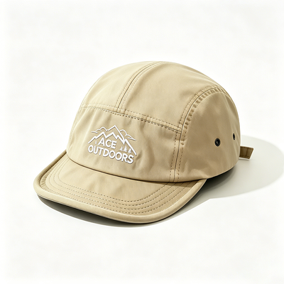 Gorro Camper de 5 paneles con ala plana, banda deportiva de malla para el sudor y correa ajustable con gancho y bucle