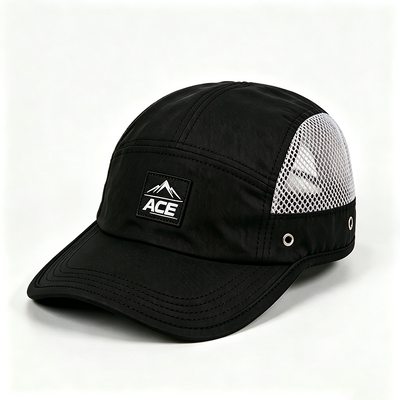 Sports Mesh Sweatband 5 Panel Camper Hat con borde plano y tamaño único se ajusta a todo el diseño
