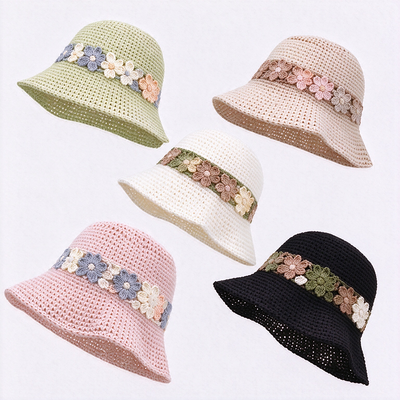 Sombrero de cubo de ganchillo con banda floral, hilo de algodón, ala ancha, elegante, perfecto para viajes, playa, uso diario en la calle