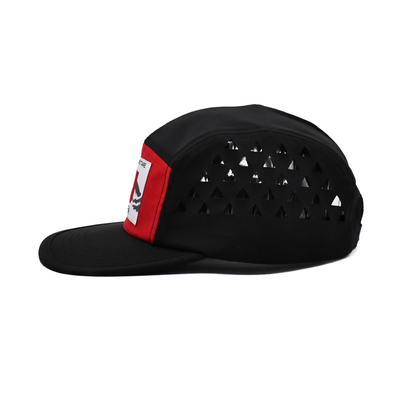 Sombrero de campista de 5 paneles personalizado con etiqueta tejida con logotipo Panel de corte por láser Ects