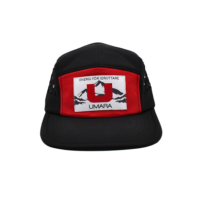 Sombrero de campista de 5 paneles personalizado con etiqueta tejida con logotipo Panel de corte por láser Ects