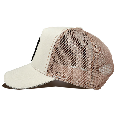 Envase mayorista de malla de algodón personalizado con tapa de camión 5 paneles Impresión a medida Parche bordado visor de sándwich Sombrero de camión de algodón
