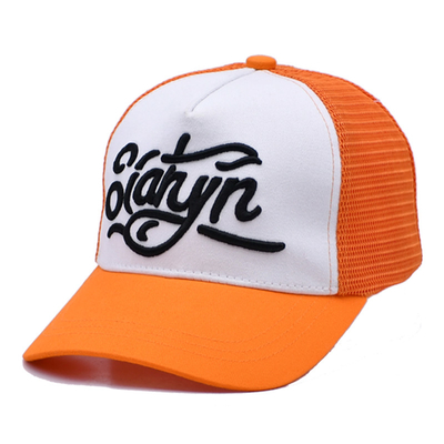 Unisex 5 Panel Trucker Cap Personalizado 3d bordado borde curvo satinado alineado sombreros azules de malla naranja