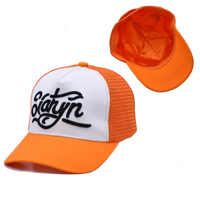 Unisex 5 Panel Trucker Cap Personalizado 3d bordado borde curvo satinado alineado sombreros azules de malla naranja