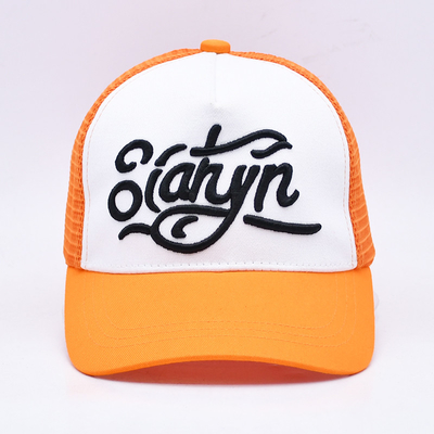 Unisex 5 Panel Trucker Cap Personalizado 3d bordado borde curvo satinado alineado sombreros azules de malla naranja