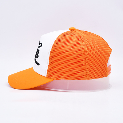 Unisex 5 Panel Trucker Cap Personalizado 3d bordado borde curvo satinado alineado sombreros azules de malla naranja