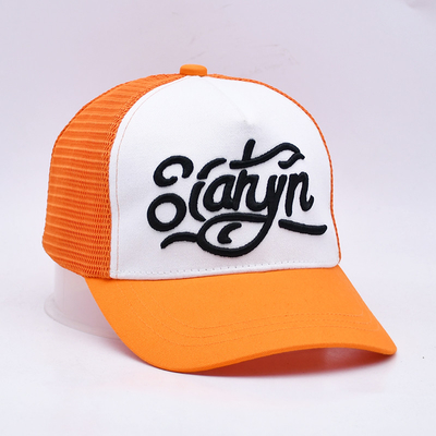 Unisex 5 Panel Trucker Cap Personalizado 3d bordado borde curvo satinado alineado sombreros azules de malla naranja