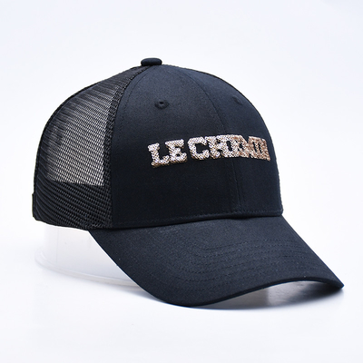 Black 6 Panel Mesh Trucker Hat Glitter Trucker Cap Sequins de moda de alta calidad bordado Sombreros de camión