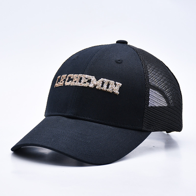 Black 6 Panel Mesh Trucker Hat Glitter Trucker Cap Sequins de moda de alta calidad bordado Sombreros de camión