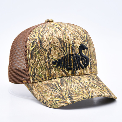Diseño de moda con borde curvo Sport 6 Panel Trucker Mesh Hat Custom 3d bordado Camo Trucker Cap