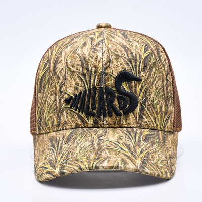 Diseño de moda con borde curvo Sport 6 Panel Trucker Mesh Hat Custom 3d bordado Camo Trucker Cap