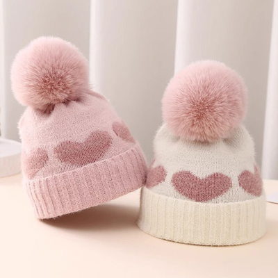 2024 Nuevo Otoño Invierno Bebé Sombreros Tricotados Niñas Acrílico Bilayer Caliente Pequeño Beanie Bonito Corazón sombrero recién nacido