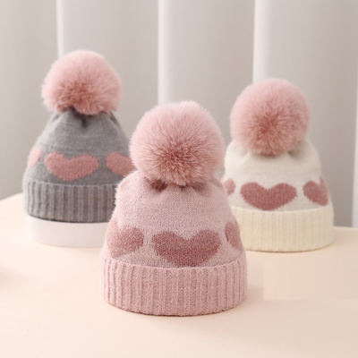 2024 Nuevo Otoño Invierno Bebé Sombreros Tricotados Niñas Acrílico Bilayer Caliente Pequeño Beanie Bonito Corazón sombrero recién nacido