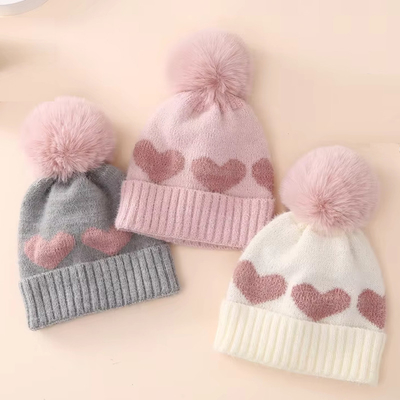 2024 Nuevo Otoño Invierno Bebé Sombreros Tricotados Niñas Acrílico Bilayer Caliente Pequeño Beanie Bonito Corazón sombrero recién nacido