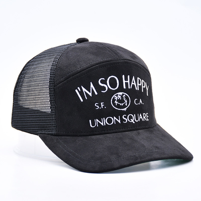 7 Panel Negro Camisa Suede Panel Sombreros de camión Sombreros de malla de alta calidad bordado de bordes personalizados Sombreros de camión de terciopelo