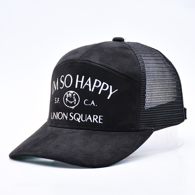 7 Panel Negro Camisa Suede Panel Sombreros de camión Sombreros de malla de alta calidad bordado de bordes personalizados Sombreros de camión de terciopelo