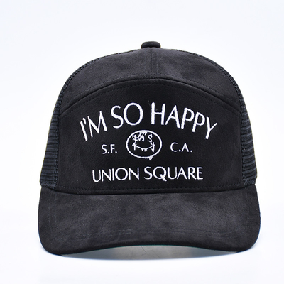 7 Panel Negro Camisa Suede Panel Sombreros de camión Sombreros de malla de alta calidad bordado de bordes personalizados Sombreros de camión de terciopelo