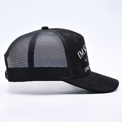 7 Panel Negro Camisa Suede Panel Sombreros de camión Sombreros de malla de alta calidad bordado de bordes personalizados Sombreros de camión de terciopelo