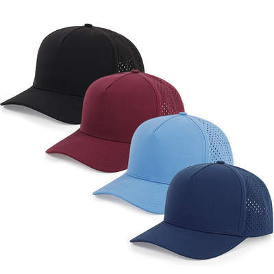 Venta al por mayor 5 Panel Béisbol azul gorra de corte de láser personalizado agujero Gorras Golf impermeable poliéster sombrero deportivo