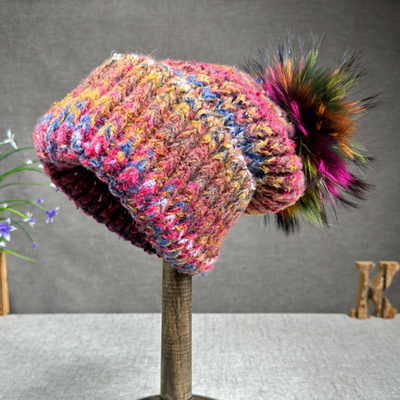 Mujeres Nueva lana de conejo Piel Pompom sombrero pintura al óleo estilo al aire libre calentura Skullies Beanie gorra de invierno