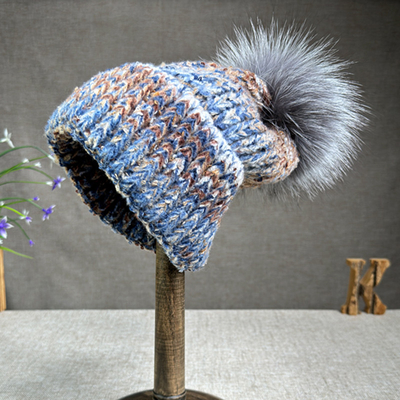 Mujeres Nueva lana de conejo Piel Pompom sombrero pintura al óleo estilo al aire libre calentura Skullies Beanie gorra de invierno