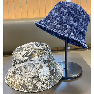 Nueva venta de primavera y otoño, sombrero de cubo personalizado con bordado de mezclilla deshilachada y parte superior plana, bordado a cuadros Suquin, sombrero de pescador con logotipo bordado