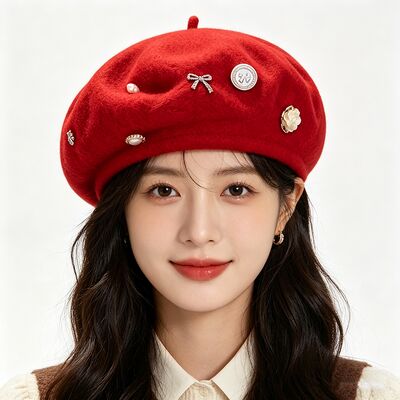 Boina de lana roja con alta durabilidad para todas las estaciones y tamaño personalizado Boina de invierno casual para damas
