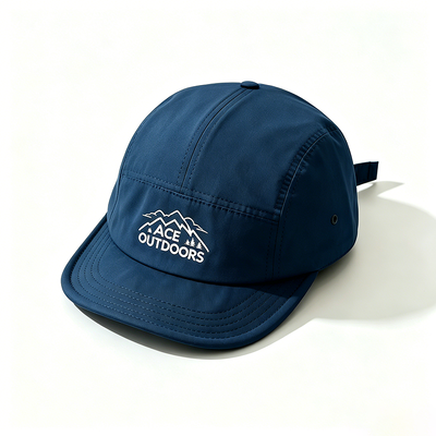 Gorro Camper de 5 paneles con ala plana, banda deportiva de malla para el sudor y correa ajustable con gancho y bucle
