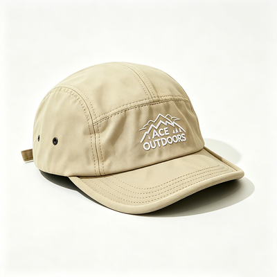 Gorro Camper de 5 paneles con ala plana, banda deportiva de malla para el sudor y correa ajustable con gancho y bucle
