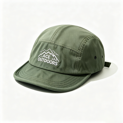 Gorro Camper de 5 paneles con ala plana, banda deportiva de malla para el sudor y correa ajustable con gancho y bucle