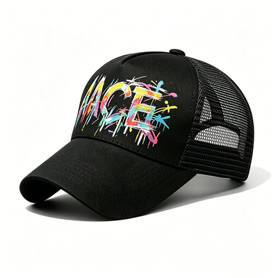 Adjustable Snapback Trucker Cap Digital Heat Transfer Graffiti Pattern Front Panel Mesh Back Hat Perfect for Outdoor Activities Company Branding