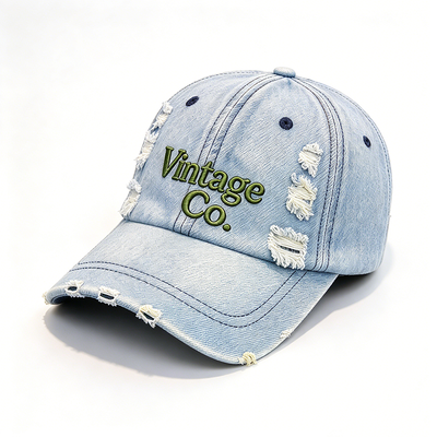 Distressed Vintage Denim Dad Hat Raised Embroidery Hand Wash Recommended Adjustable Strap For Different Head Sizes