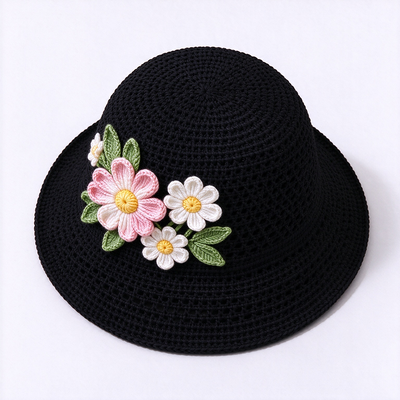 Sombrero de pescador de ganchillo con apliques florales 3D y 20 años de experiencia en gorras. Hecho con hilo de algodón, adecuado para viajes, playa, uso diario y streetwear.