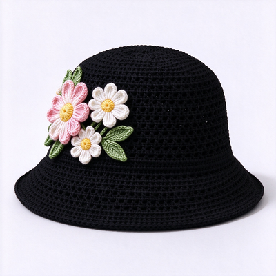Sombrero de pescador de ganchillo con apliques florales 3D y 20 años de experiencia en gorras. Hecho con hilo de algodón, adecuado para viajes, playa, uso diario y streetwear.