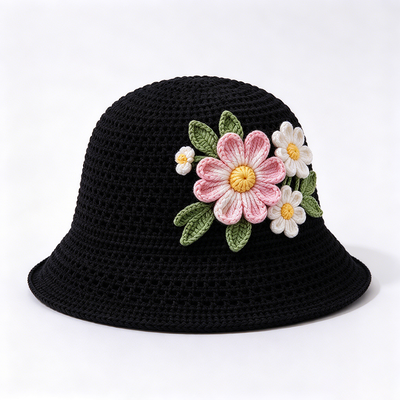 Sombrero de pescador de ganchillo con apliques florales 3D y 20 años de experiencia en gorras. Hecho con hilo de algodón, adecuado para viajes, playa, uso diario y streetwear.