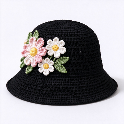 Sombrero de pescador de ganchillo con apliques florales 3D y 20 años de experiencia en gorras. Hecho con hilo de algodón, adecuado para viajes, playa, uso diario y streetwear.