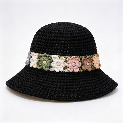 Sombrero de cubo de ganchillo con banda floral, hilo de algodón, ala ancha, elegante, perfecto para viajes, playa, uso diario en la calle