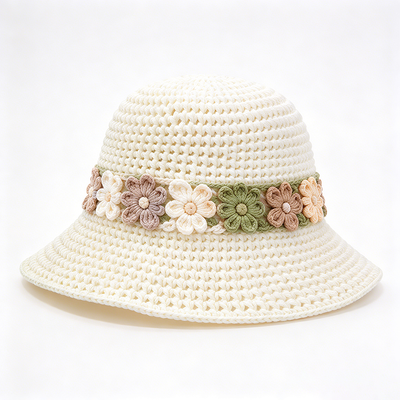 Sombrero de cubo de ganchillo con banda floral, hilo de algodón, ala ancha, elegante, perfecto para viajes, playa, uso diario en la calle