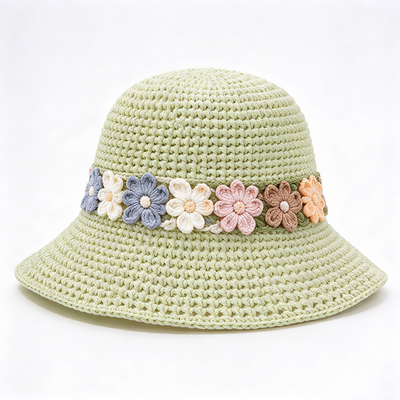 Sombrero de cubo de ganchillo con banda floral, hilo de algodón, ala ancha, elegante, perfecto para viajes, playa, uso diario en la calle