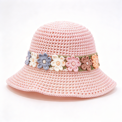 Sombrero de cubo de ganchillo con banda floral, hilo de algodón, ala ancha, elegante, perfecto para viajes, playa, uso diario en la calle