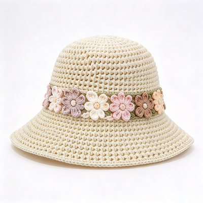 Sombrero de cubo de ganchillo con banda floral, hilo de algodón, ala ancha, elegante, perfecto para viajes, playa, uso diario en la calle
