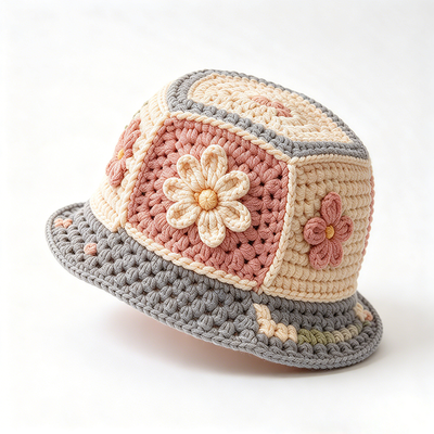 Wide Brim Patchwork Floral Crochet Bucket Hat Lightweight Breathable Sun Protection for Vintage Daily Streetwear