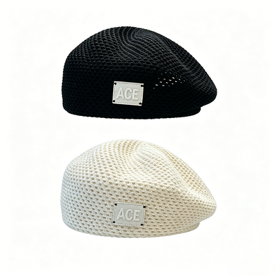 Classic Hollow Mesh Knit Beret Hat ACE Leather Label Beret Breathable Solid Color Beret For Fashion Street Daily Wear Support Customization