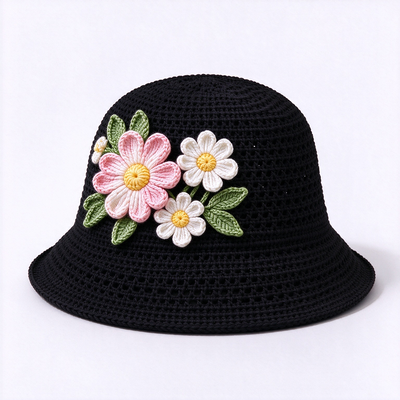 Sombrero de pescador de ganchillo con apliques florales 3D y 20 años de experiencia en gorras. Hecho con hilo de algodón, adecuado para viajes, playa, uso diario y streetwear.