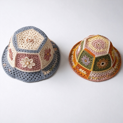 Sombrero de pescador de ganchillo floral patchwork de ala ancha, ligero y transpirable, protección solar para uso diario vintage en la calle