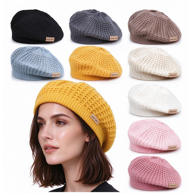 Sombrero de boina de punto personalizado para mujeres Boina hueca hecha a mano Boina de color sólido Boina suave Boina para todas las estaciones Apoyo de uso casual Personalización